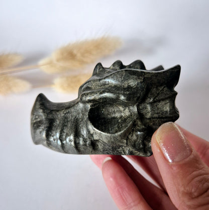 Edelsteen Drakenschedel van Pyriet – 7cm - Dragon Skull carving