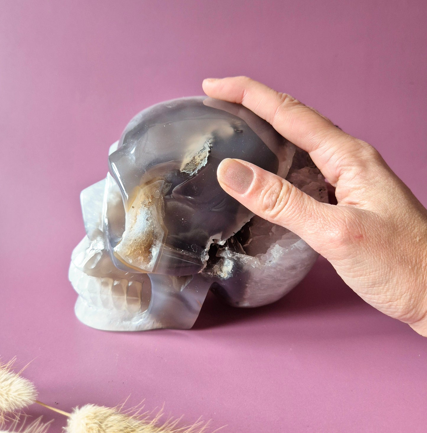 XL Edelsteinschädel Moosachatschädel Nr. 8 - 10cm 600 Gramm Schädel