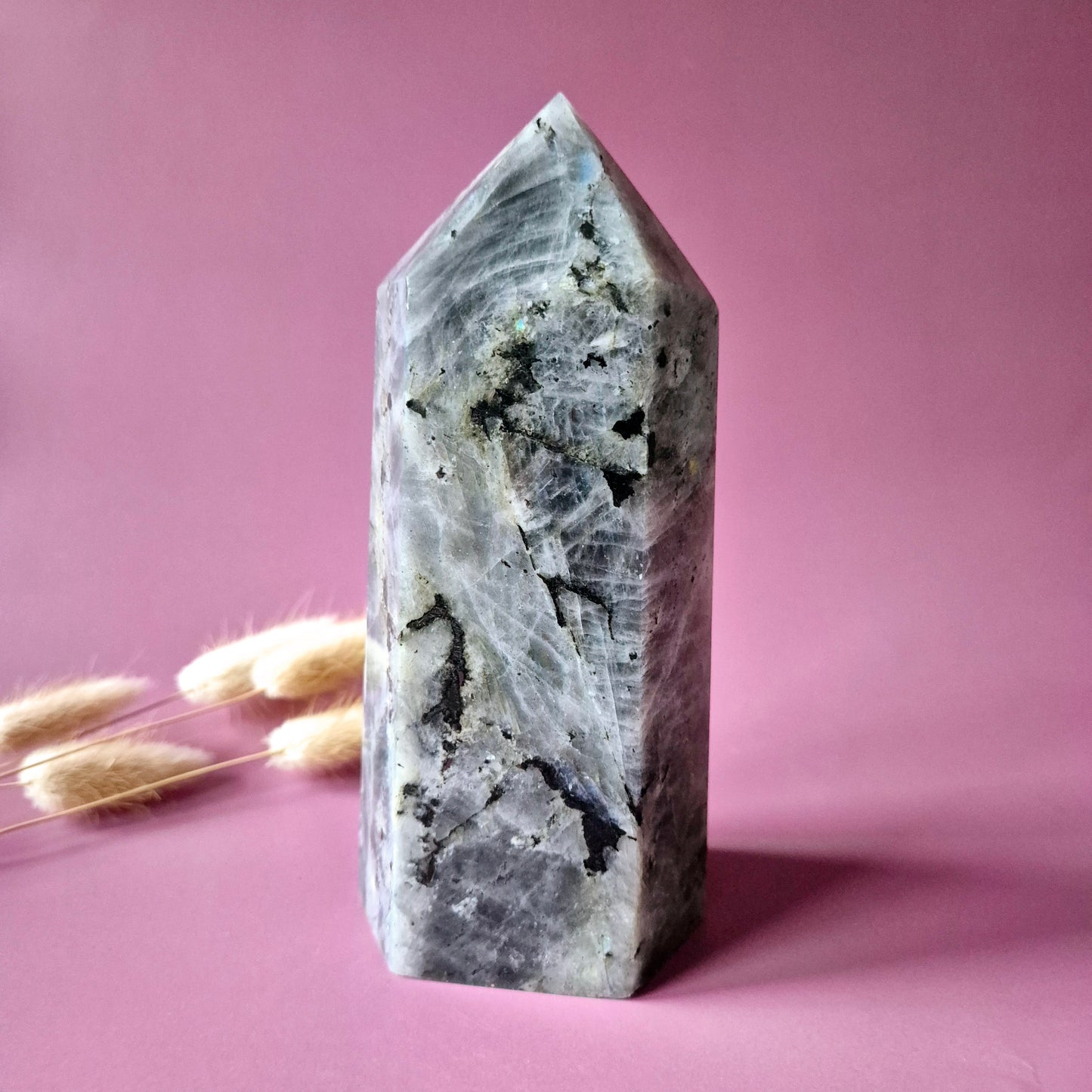 XL-Edelstein-Obeliskenturm aus Labradorit – 300 g – 10,6 cm | Super-Flash-Alarm!