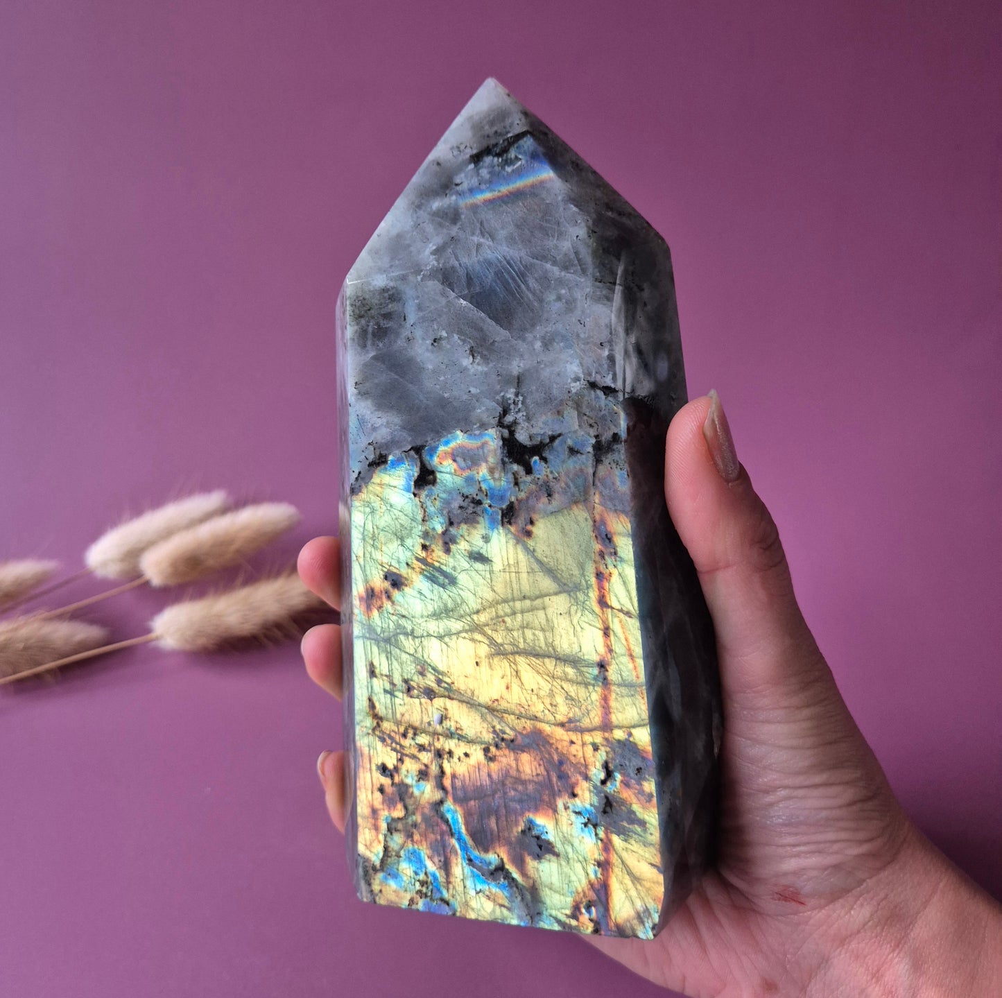 XL-Edelstein-Obeliskenturm aus Labradorit – 300 g – 10,6 cm | Super-Flash-Alarm!