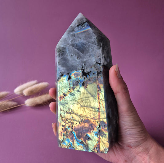 XL-Edelstein-Obeliskenturm aus Labradorit – 300 g – 10,6 cm | Super-Flash-Alarm!