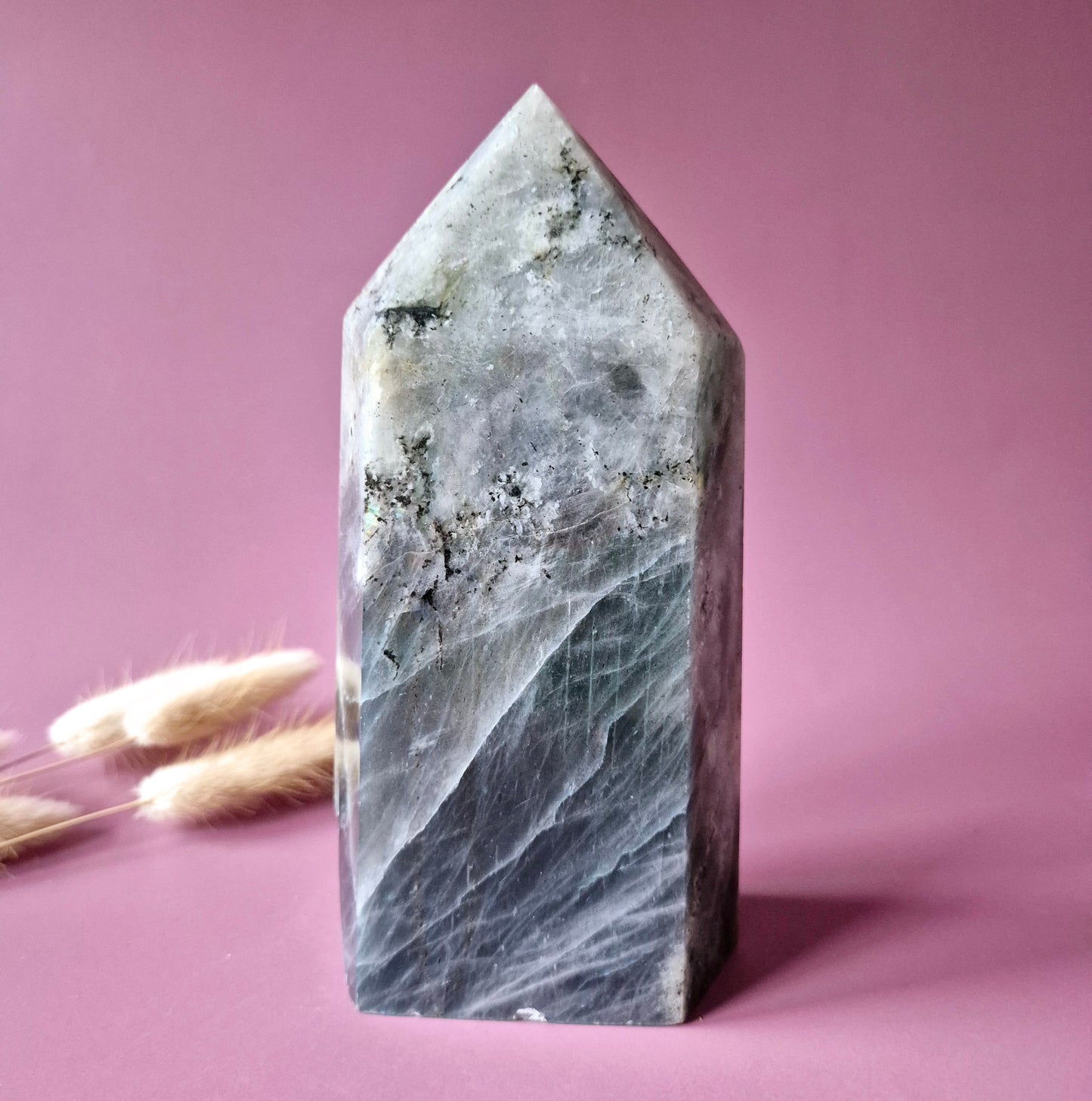 XL-Edelstein-Obeliskenturm aus Labradorit – 300 g – 10,6 cm | Super-Flash-Alarm!