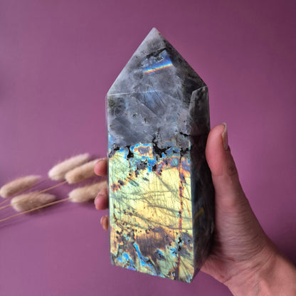 XL-Edelstein-Obeliskenturm aus Labradorit – 300 g – 10,6 cm | Super-Flash-Alarm!