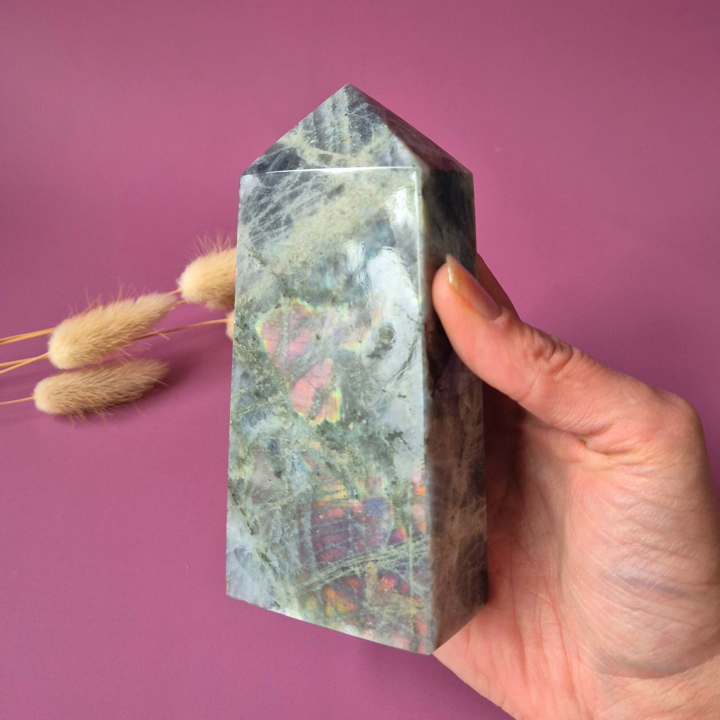 XL Edelsteen Paarse / Oranje Labradoriet Tower met Regenboog Flash – 439g