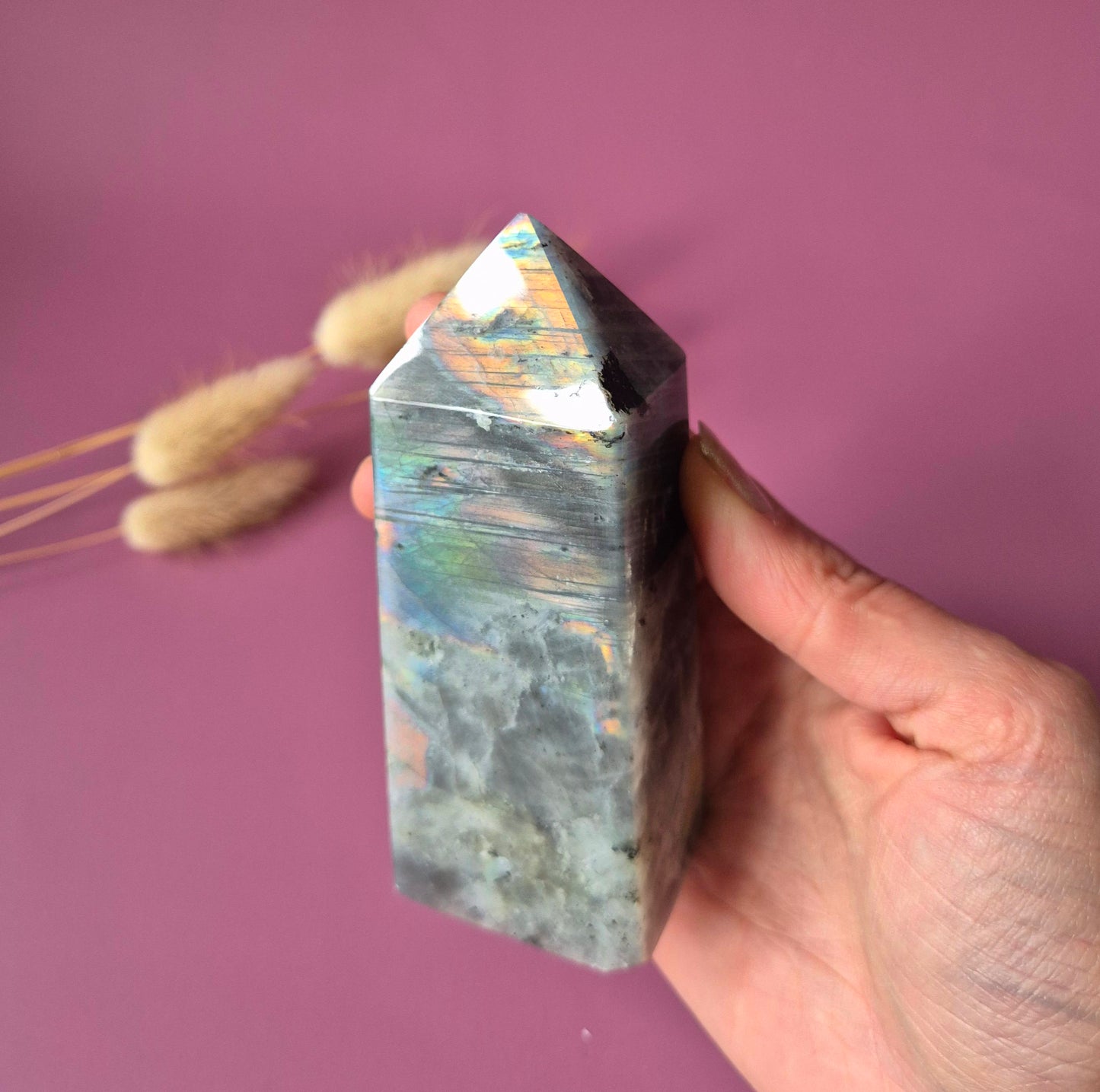 XL Edelsteen Paarse / Oranje Labradoriet Tower met Regenboog Flash – 288g