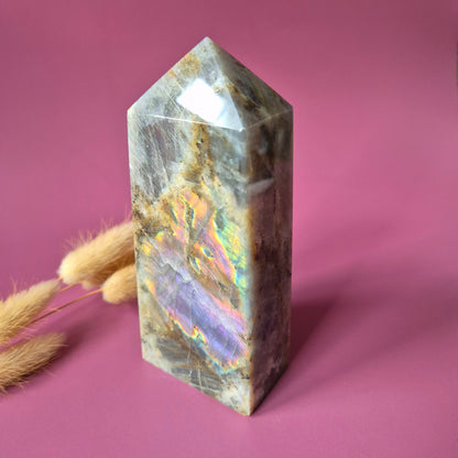 XL Edelsteen Paarse / Oranje Labradoriet Tower met Regenboog Flash – 375g