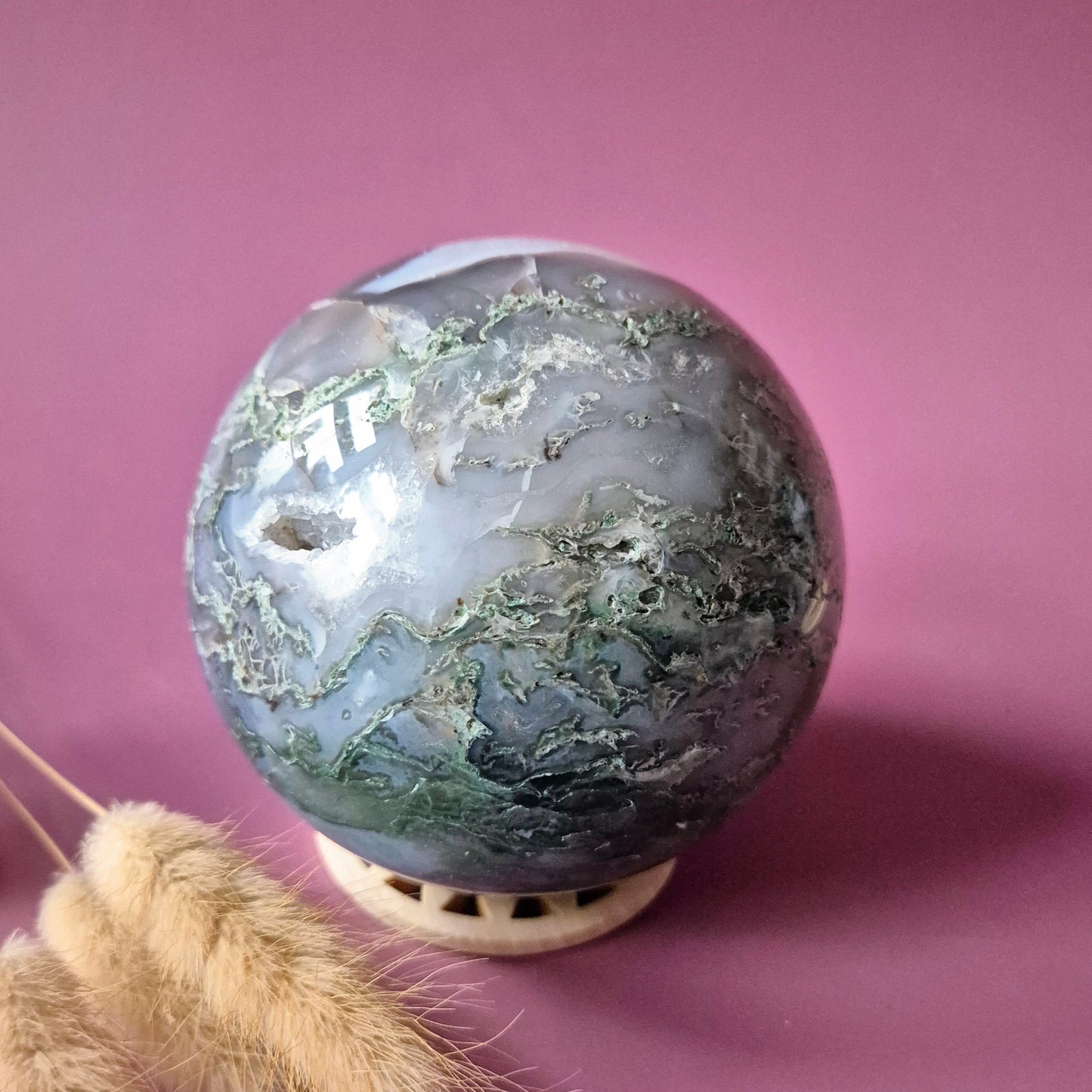 Kristallen Edelsteen Bol Mosagaat Druzy Geode sphere 90mm 1018g