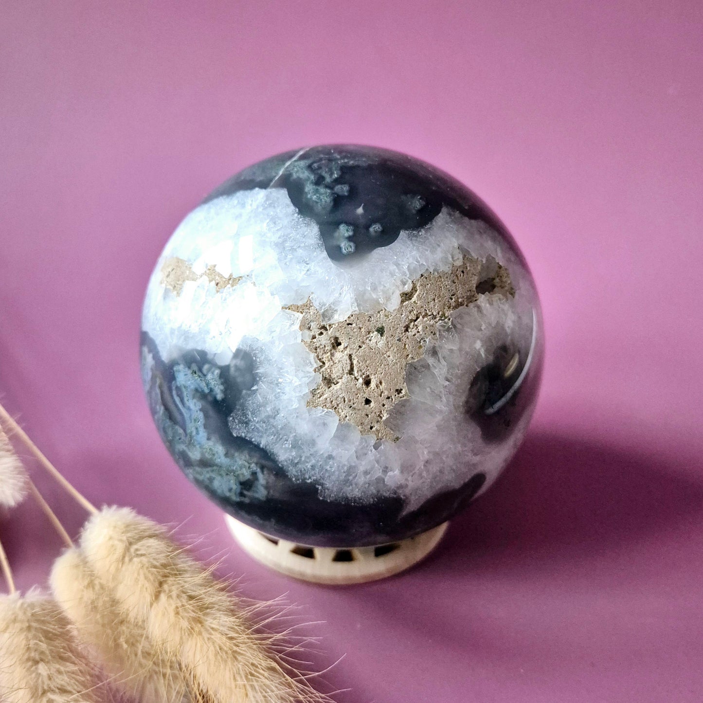 Kristallen Edelsteen Bol Mosagaat Druzy Geode sphere 90mm 1028g