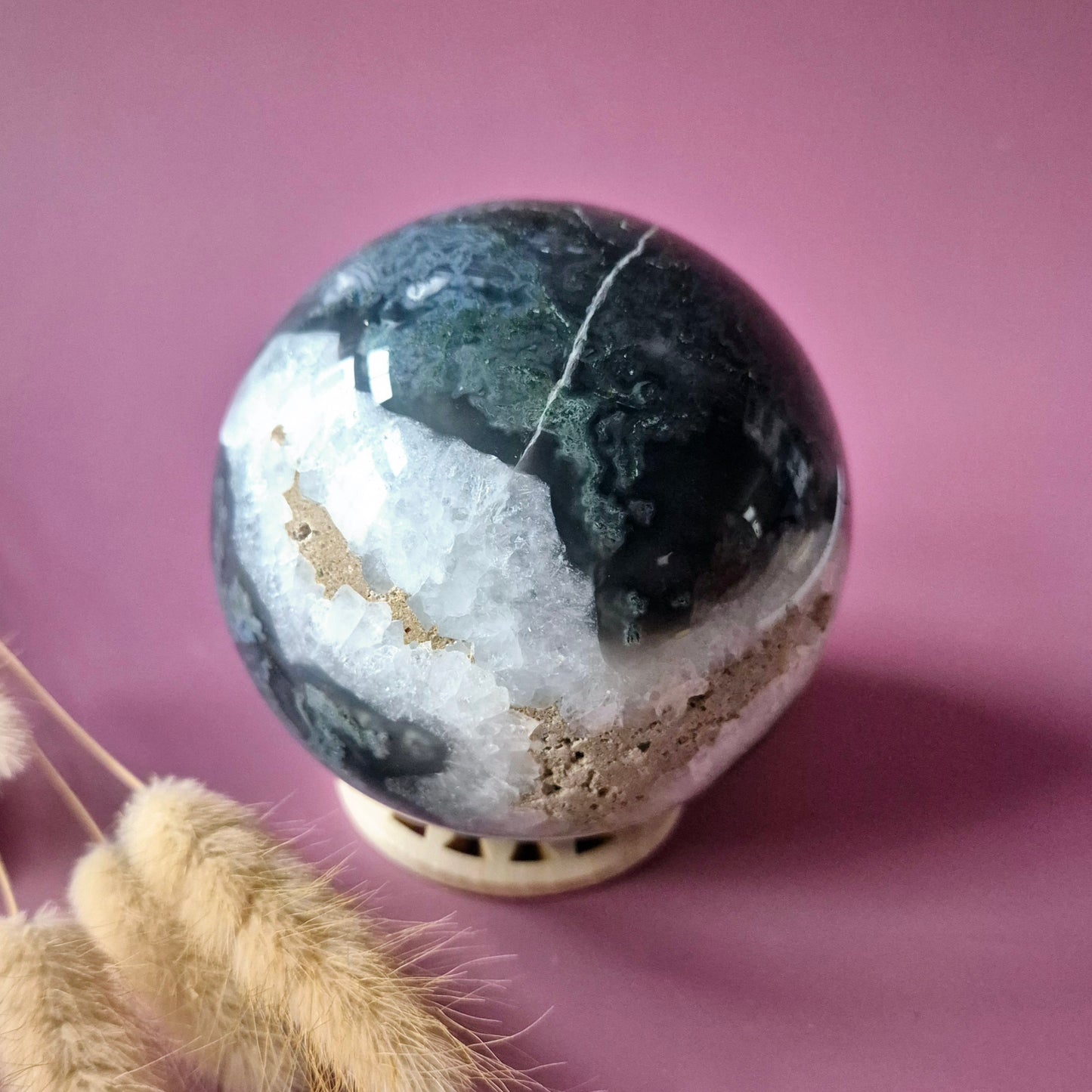 Kristallen Edelsteen Bol Mosagaat Druzy Geode sphere 90mm 1028g