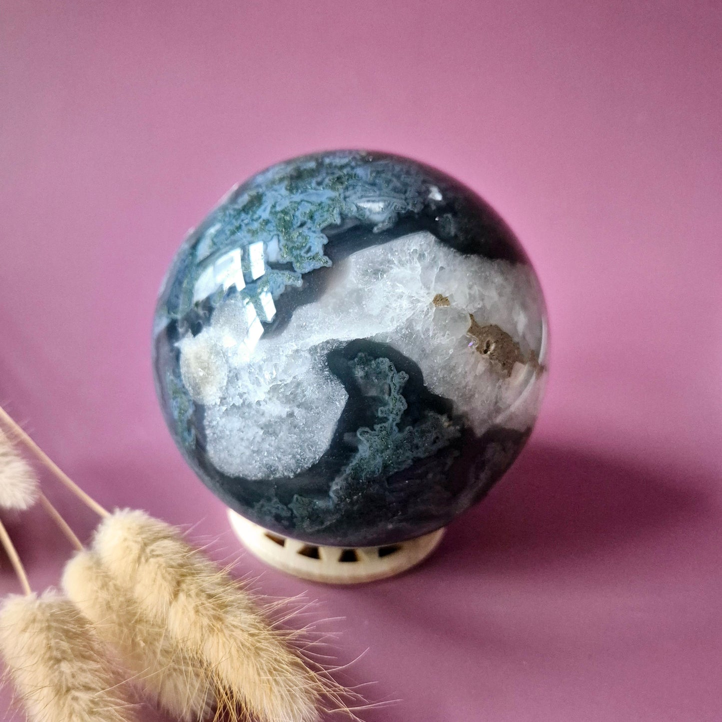 Kristallen Edelsteen Bol Mosagaat Druzy Geode sphere 90mm 1028g