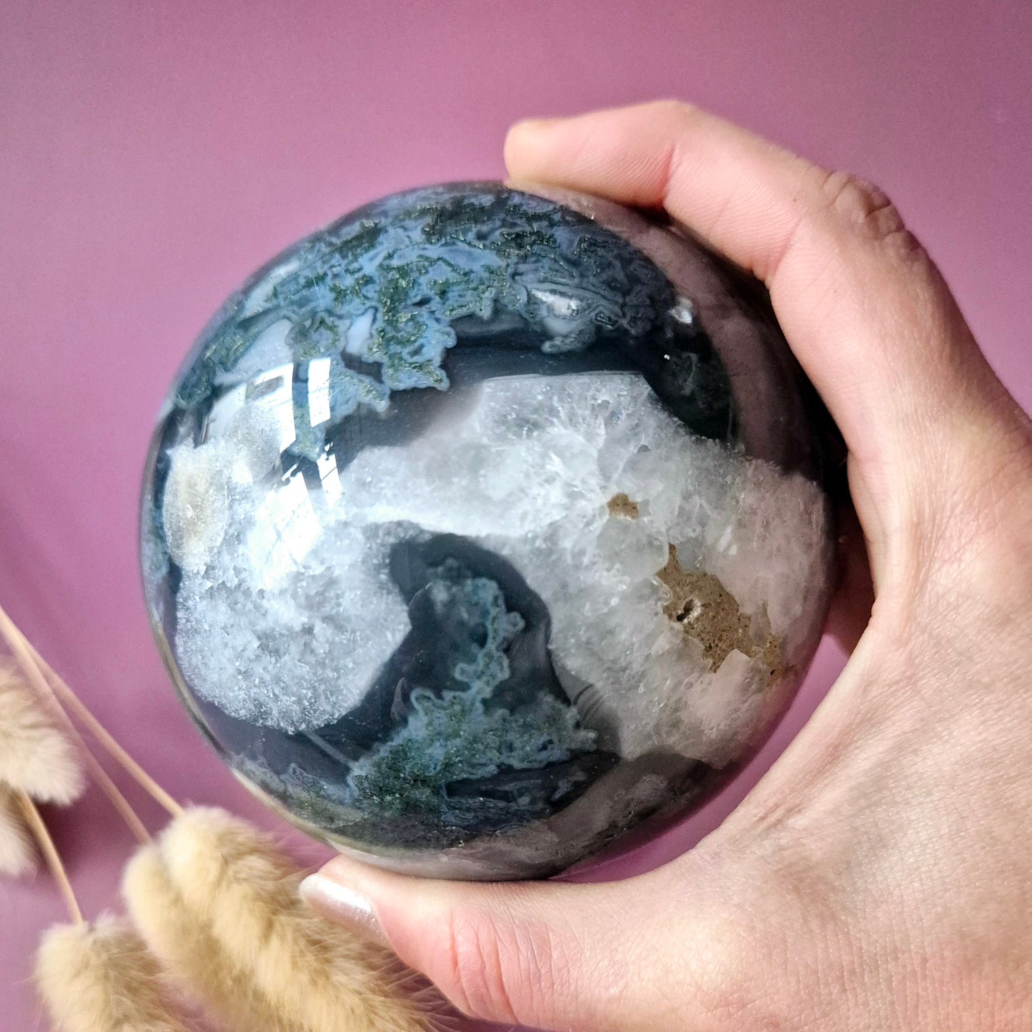 Kristallen Edelsteen Bol Mosagaat Druzy Geode sphere 90mm 1028g