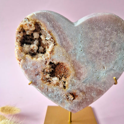 XL Edelsteen Druzy Pink Amethyst Hart – Hoge Kwaliteit ±800g | incl. metalen standaard | uniek stuk Roze Amethist