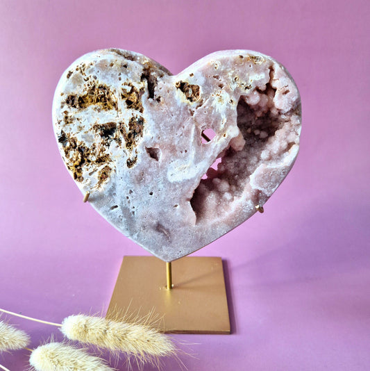 XL Edelsteen Druzy Pink Amethyst Hart – Hoge Kwaliteit ±618g | incl. metalen standaard | uniek stuk Roze Amethist