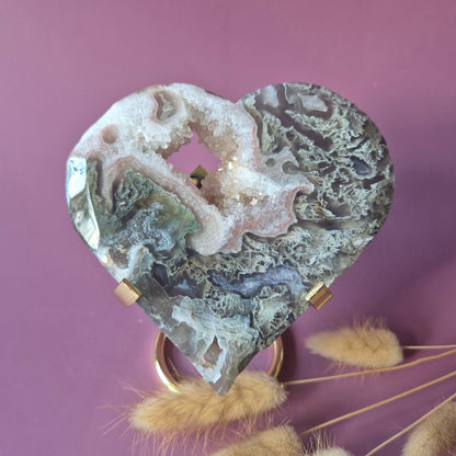 Edelstein Druzy Moosachat Herz auf Metallständer – Nr. 93 230 Gramm