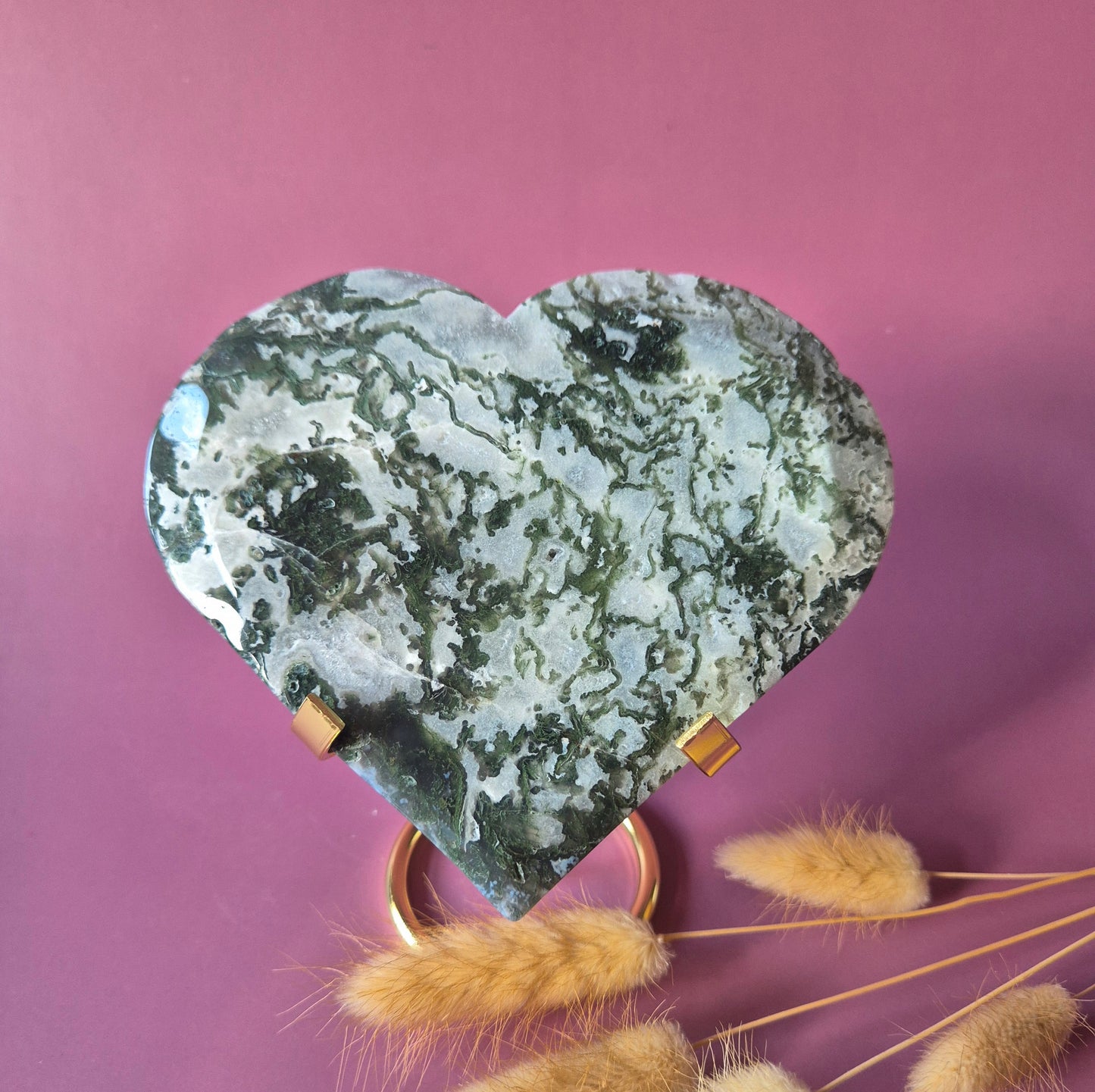 Edelstein Druzy Moosachat Herz auf Metallständer – Nr. 93 230 Gramm