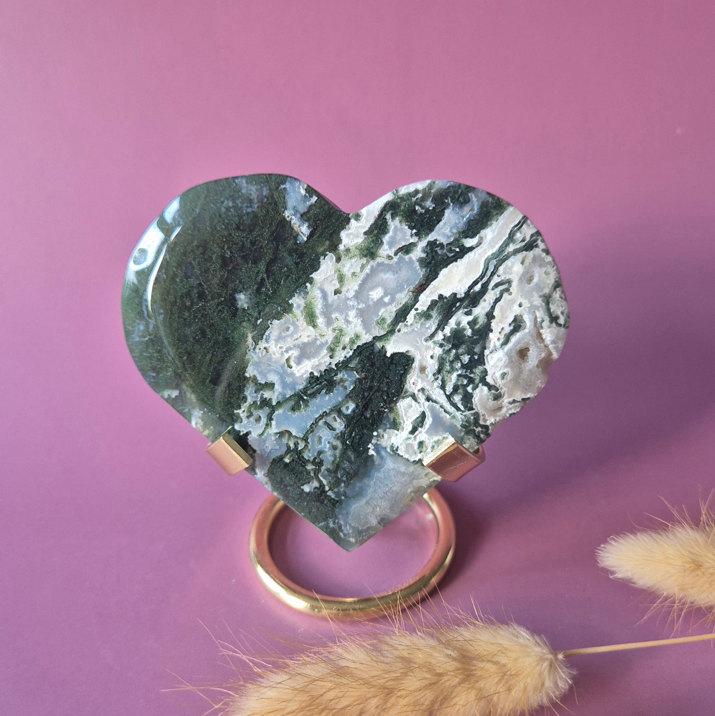 Edelstein Druzy Moosachat Herz auf Metallständer – Nr. 93 230 Gramm