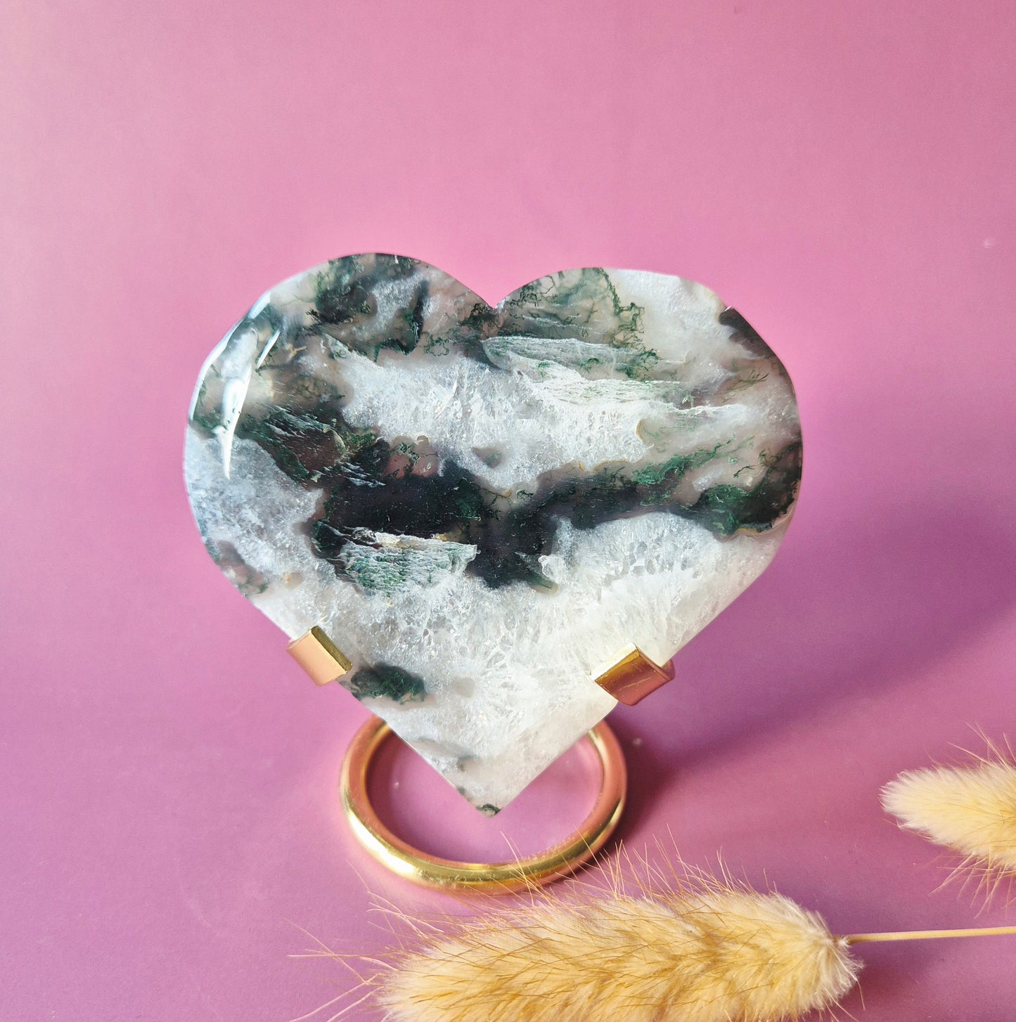 Edelstein Druzy Moosachat Herz auf Metallständer – Nr. 93 230 Gramm