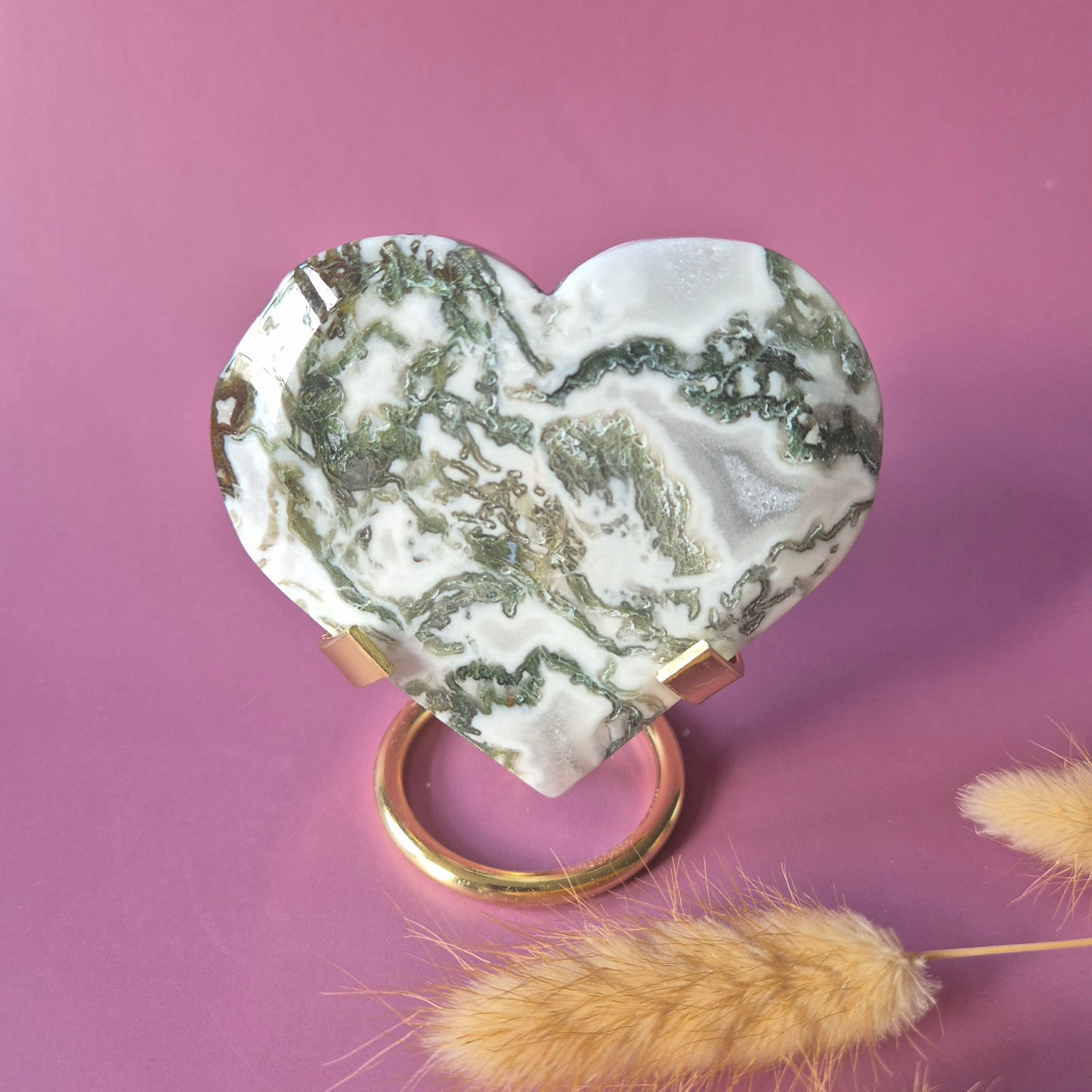 Edelstein Druzy Moosachat Herz auf Metallständer – Nr. 93 230 Gramm