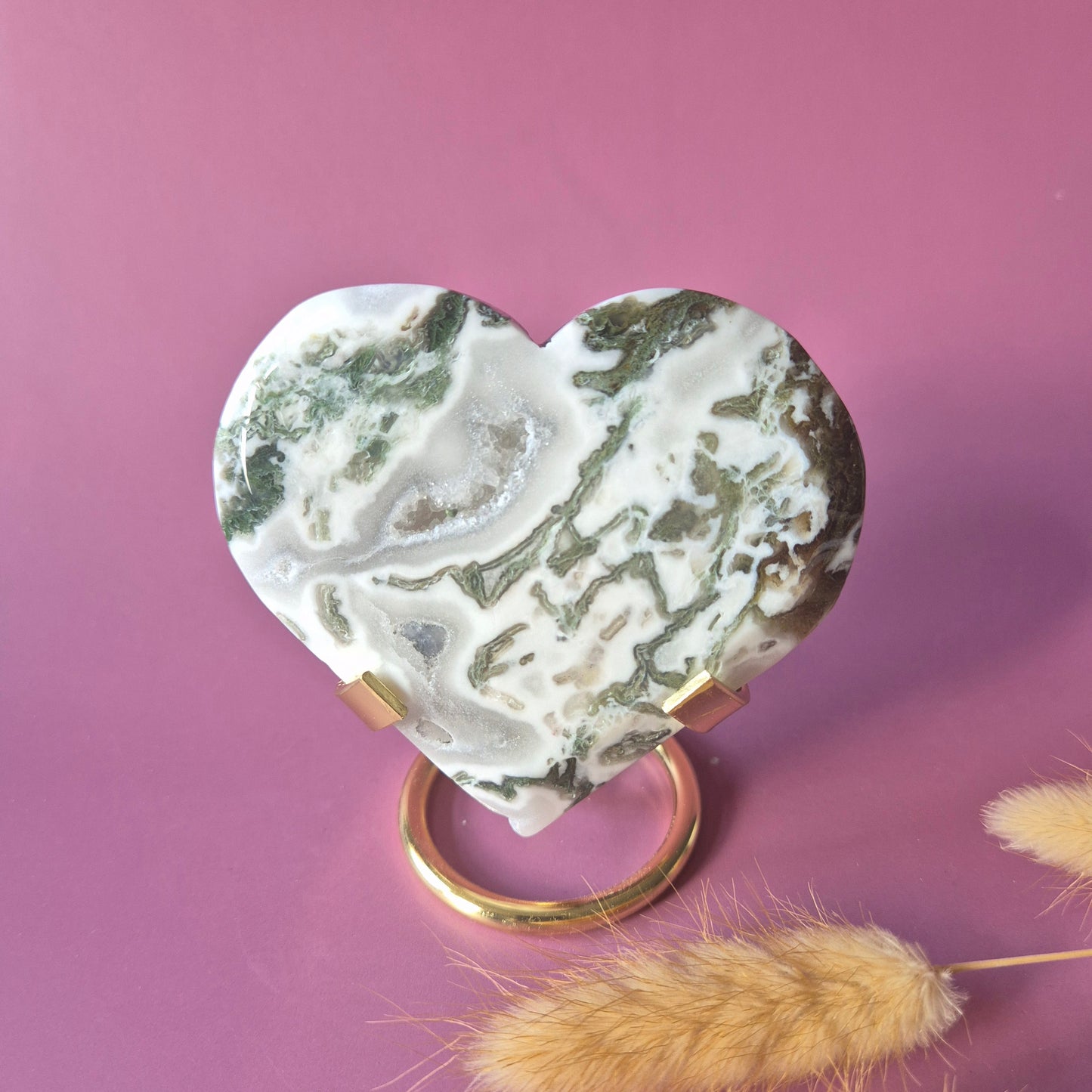 Edelstein Druzy Moosachat Herz auf Metallständer – Nr. 93 230 Gramm