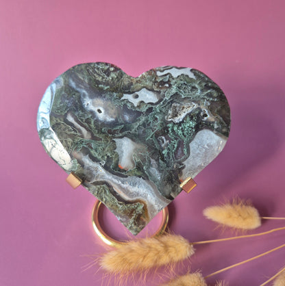 Edelstein Druzy Moosachat Herz auf Metallständer – Nr. 93 230 Gramm