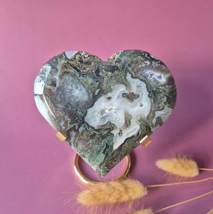 Edelstein Druzy Moosachat Herz auf Metallständer – Nr. 93 230 Gramm