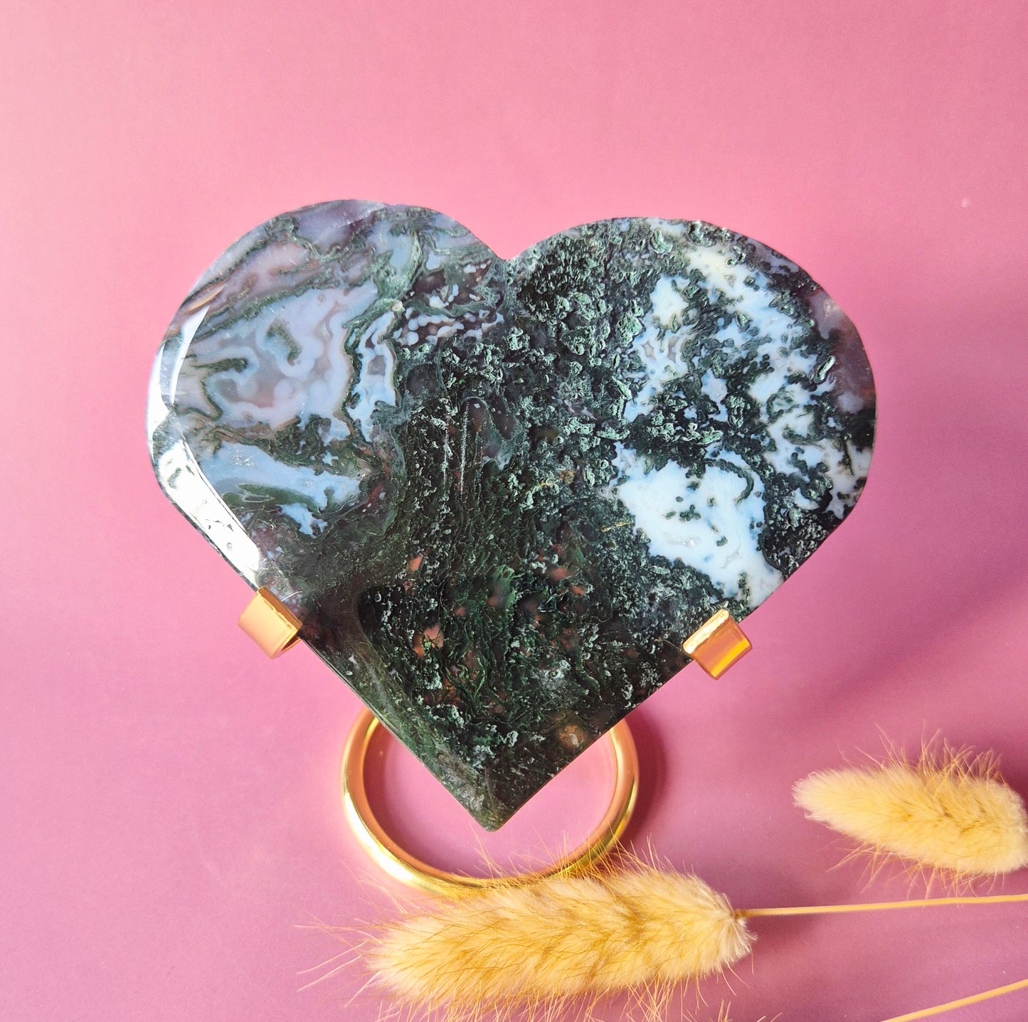 Edelstein Druzy Moosachat Herz auf Metallständer – Nr. 93 230 Gramm