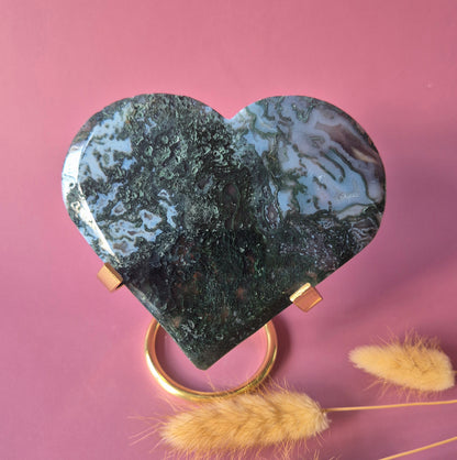 Edelstein Druzy Moosachat Herz auf Metallständer – Nr. 93 230 Gramm
