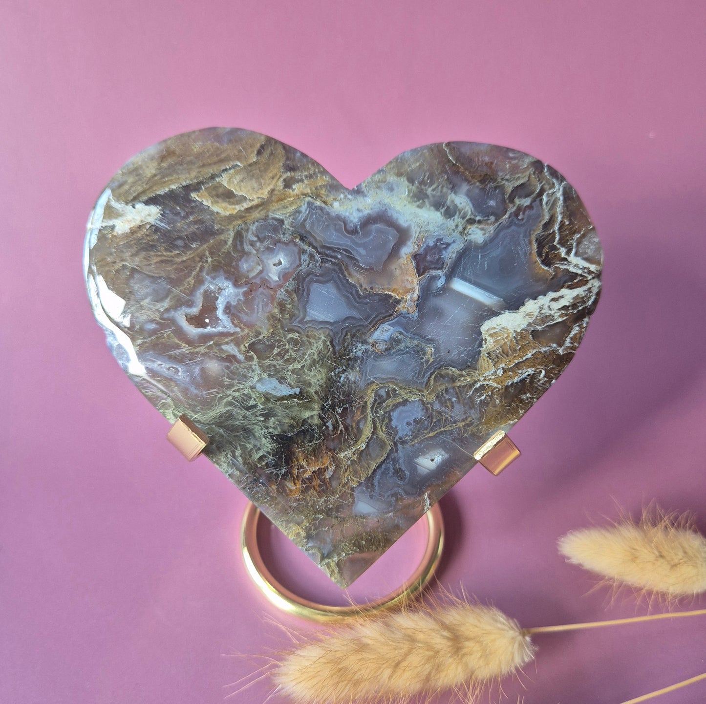 Edelstein Druzy Moosachat Herz auf Metallständer – Nr. 93 230 Gramm