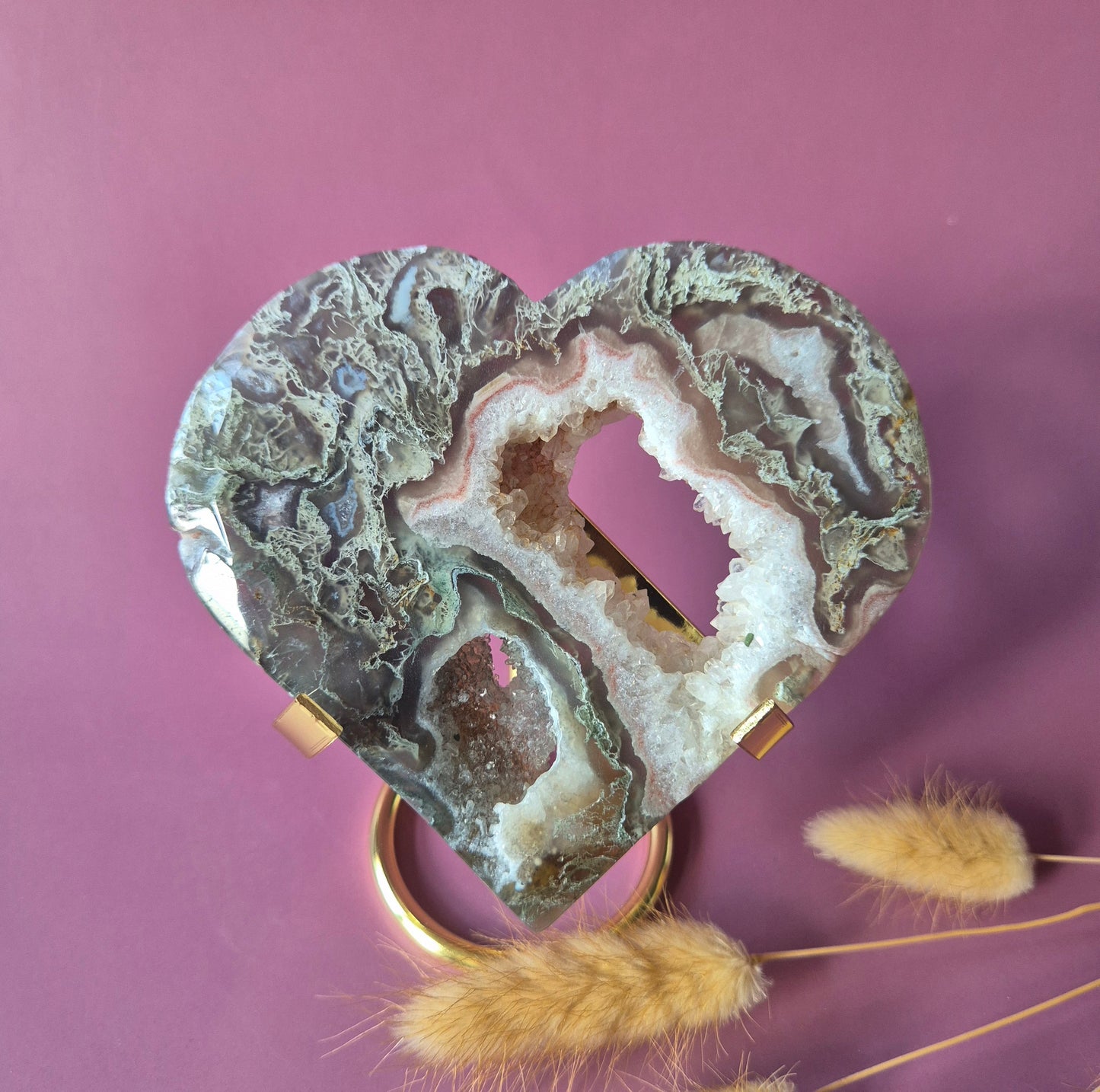 Edelstein Druzy Moosachat Herz auf Metallständer – Nr. 93 230 Gramm