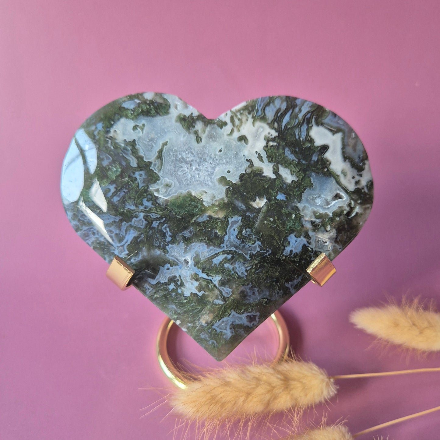 XL Edelsteen Druzy Mosagaat Hart op Metalen Standaard – #138 338gram