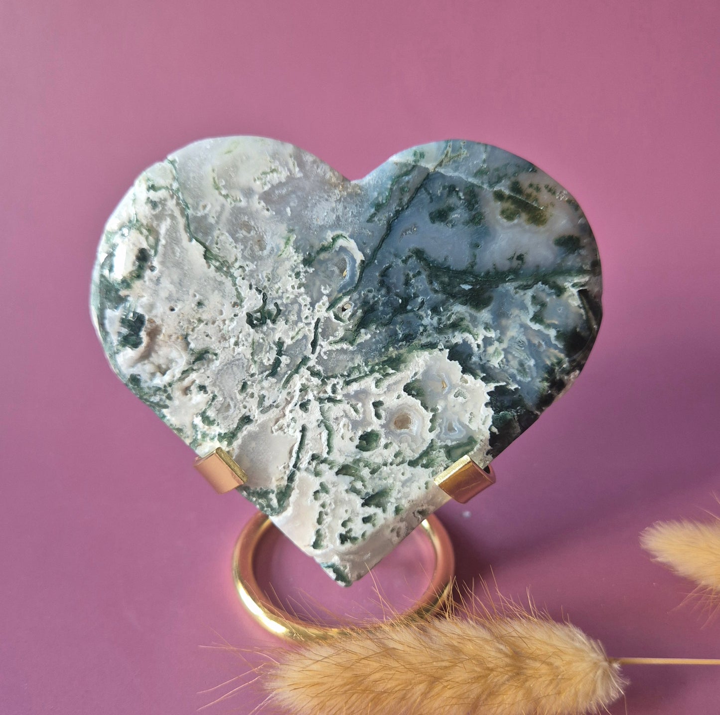 XL Edelsteen Druzy Mosagaat Hart op Metalen Standaard – #139 223gram