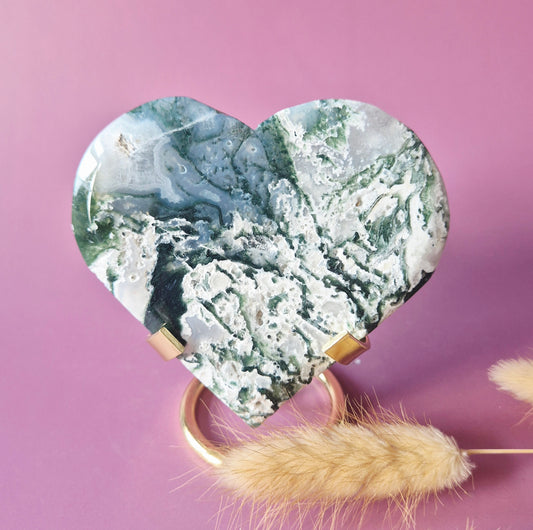 XL Edelsteen Druzy Mosagaat Hart op Metalen Standaard – #139 223gram