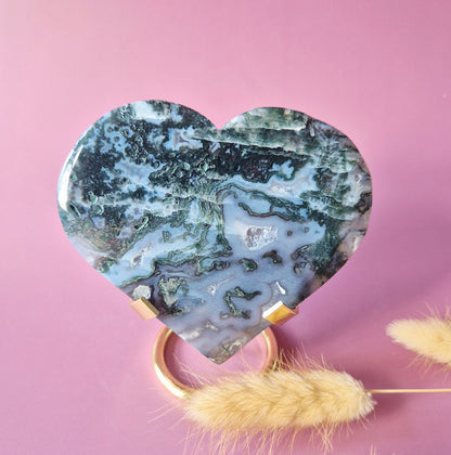 XL Edelsteen Druzy Mosagaat Hart op Metalen Standaard – #140 200gram