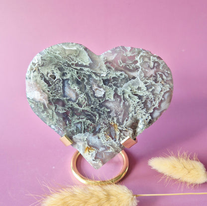XL Edelsteen Druzy Mosagaat Hart op Metalen Standaard – #141 281gram