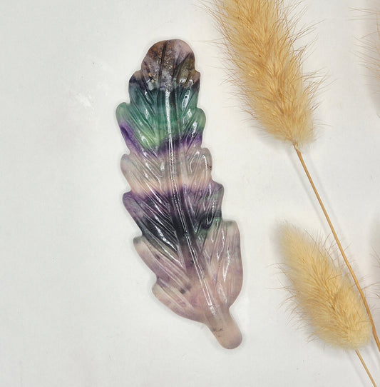 Edelsteen Veer Carving – ca. 10 cm | Fluoriet (rainbow fluorite)