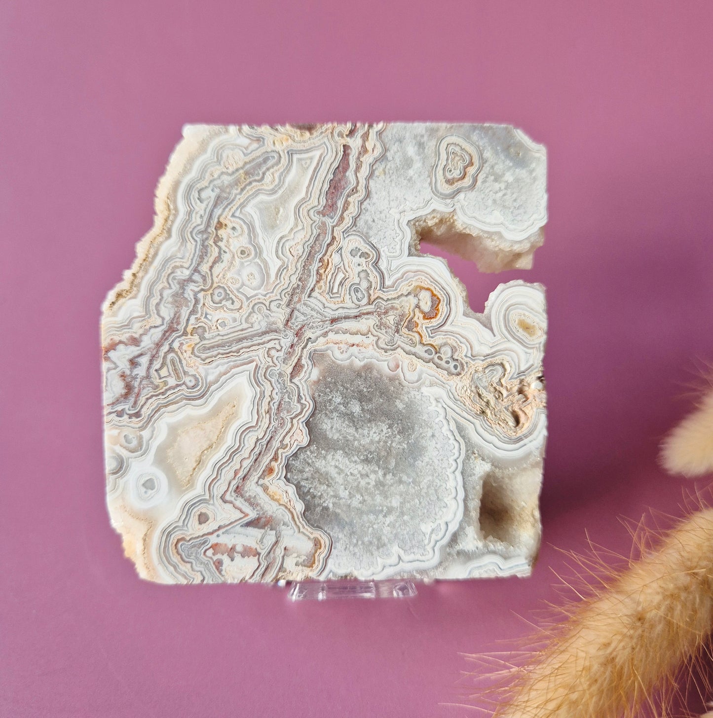 Crazy Lace Agate Slab op standaard – 112g (druzy edelsteen)