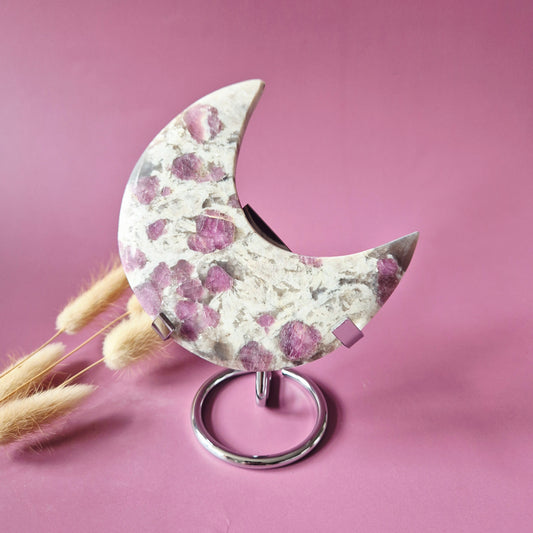 XL Plum Blossom Tourmaline Maan op Standaard 180g - Edelsteen Statement Piece