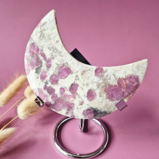 XL Plum Blossom Tourmaline Maan op Standaard 136g - Edelsteen Statement Piece