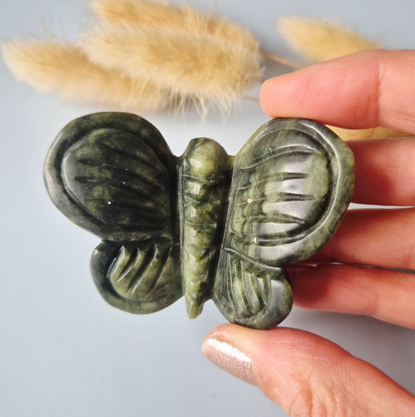 Edelsteen 3D Vlinder 6x5 cm – Groene Jade (Ronde vleugels)