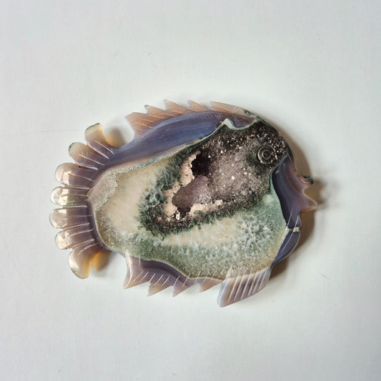 Grijze Druzy Agaat Vis Carving  11,7 x 8,8 cm | 189 gram