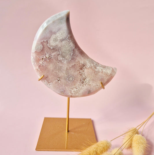 XL Edelsteen Druzy Pink Amethyst Maan – Hoge Kwaliteit #10 319g | incl. metalen standaard | uniek stuk Roze Amethist