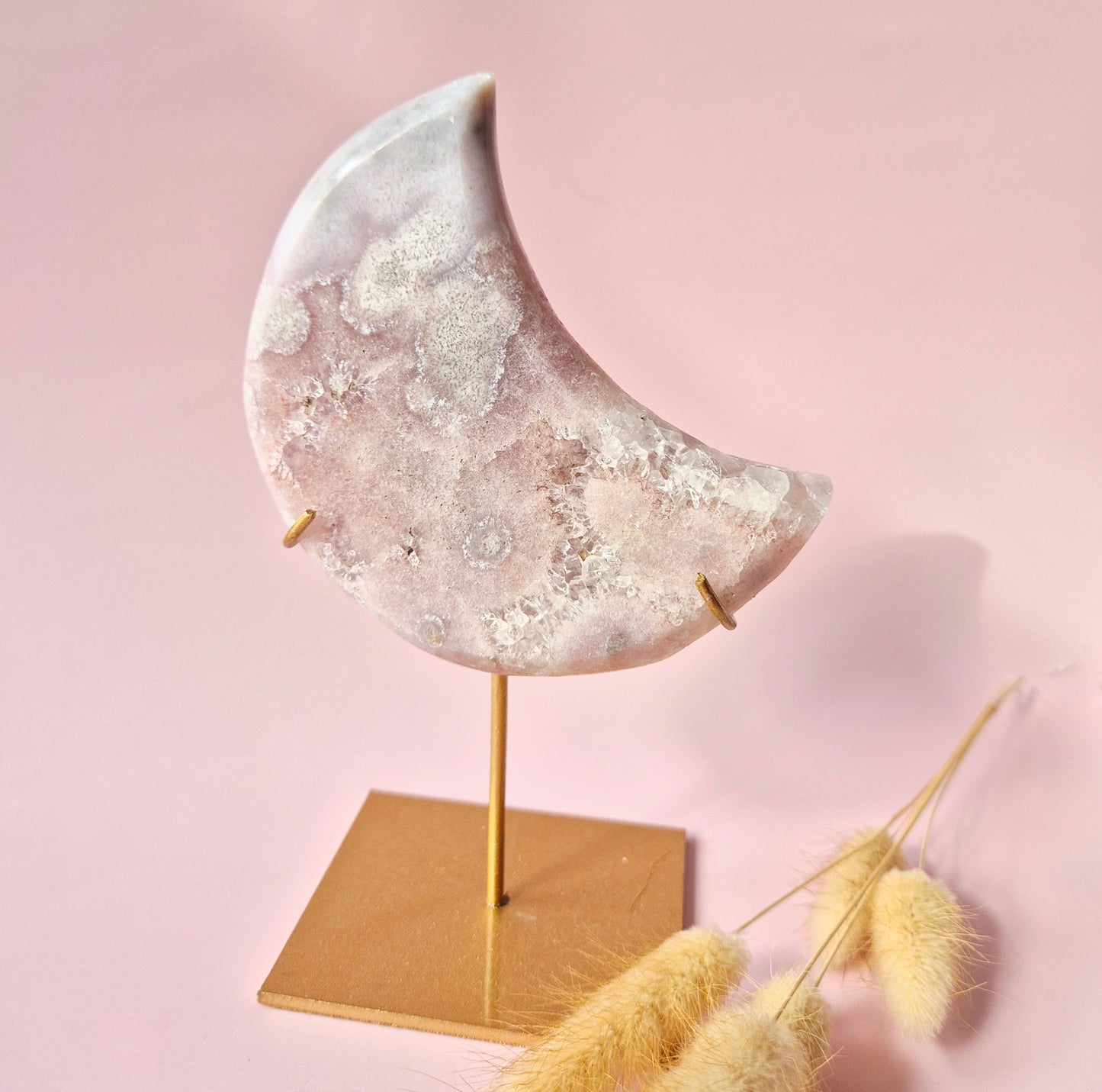 XL Edelsteen Druzy Pink Amethyst Maan – Hoge Kwaliteit #10 319g | incl. metalen standaard | uniek stuk Roze Amethist