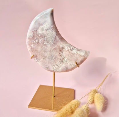 XL Edelsteen Druzy Pink Amethyst Maan – Hoge Kwaliteit #10 319g | incl. metalen standaard | uniek stuk Roze Amethist