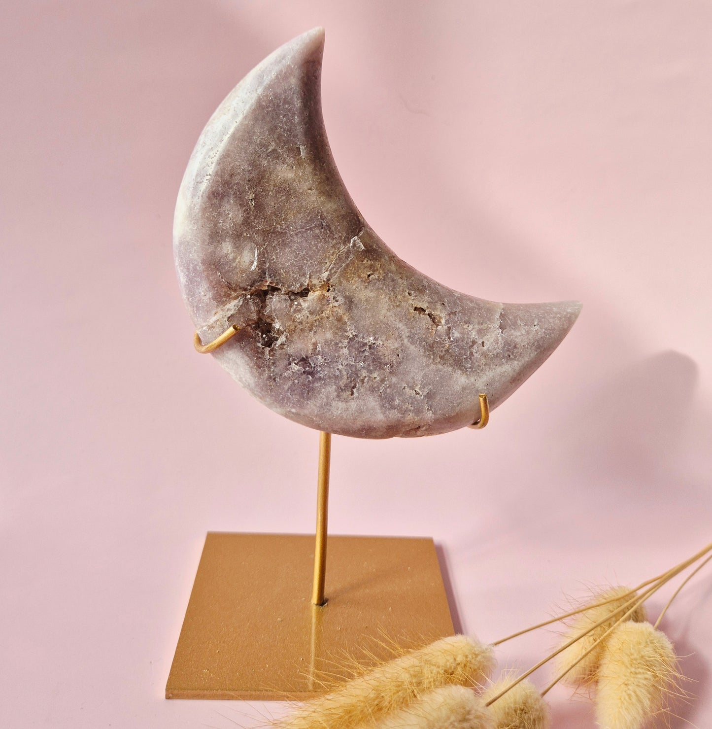 XL Edelsteen Druzy Pink Amethyst Maan – Hoge Kwaliteit #11 292g | incl. metalen standaard | uniek stuk Roze Amethist