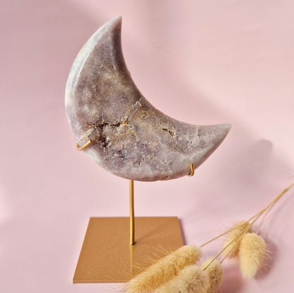 XL Edelsteen Druzy Pink Amethyst Maan – Hoge Kwaliteit #11 292g | incl. metalen standaard | uniek stuk Roze Amethist