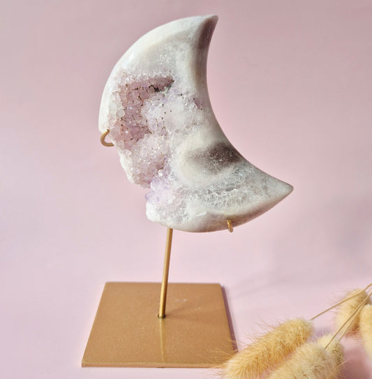 XL Edelsteen Druzy Pink Amethyst Maan – Hoge Kwaliteit #12 274g | incl. metalen standaard | uniek stuk Roze Amethist