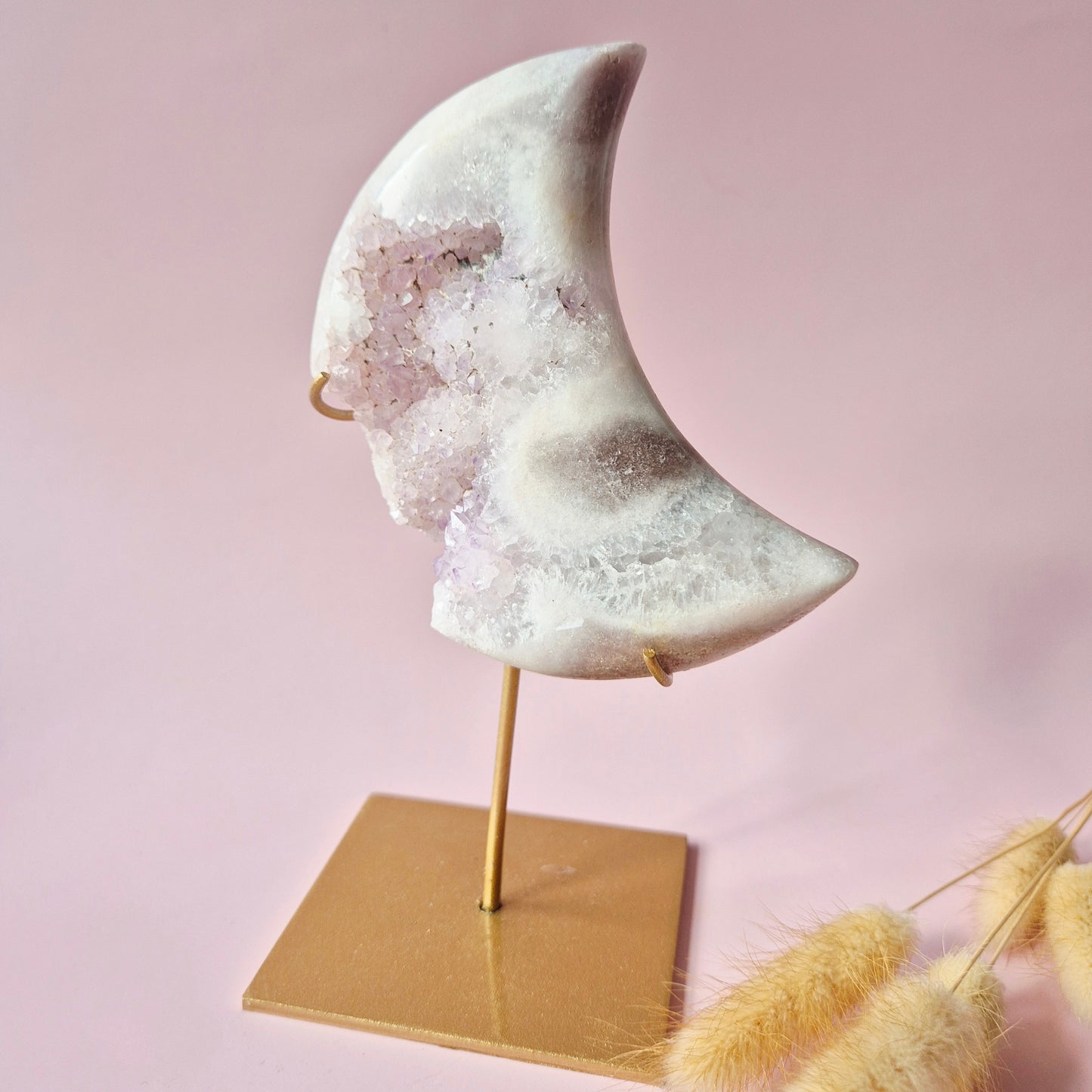 XL Edelsteen Druzy Pink Amethyst Maan – Hoge Kwaliteit #12 274g | incl. metalen standaard | uniek stuk Roze Amethist