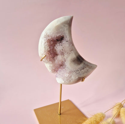 XL Edelsteen Druzy Pink Amethyst Maan – Hoge Kwaliteit #12 274g | incl. metalen standaard | uniek stuk Roze Amethist