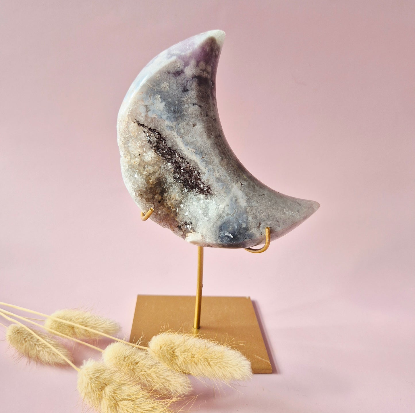 XL Edelsteen Druzy Pink Amethyst Maan – Hoge Kwaliteit #13 320g | incl. metalen standaard | uniek stuk Roze Amethist