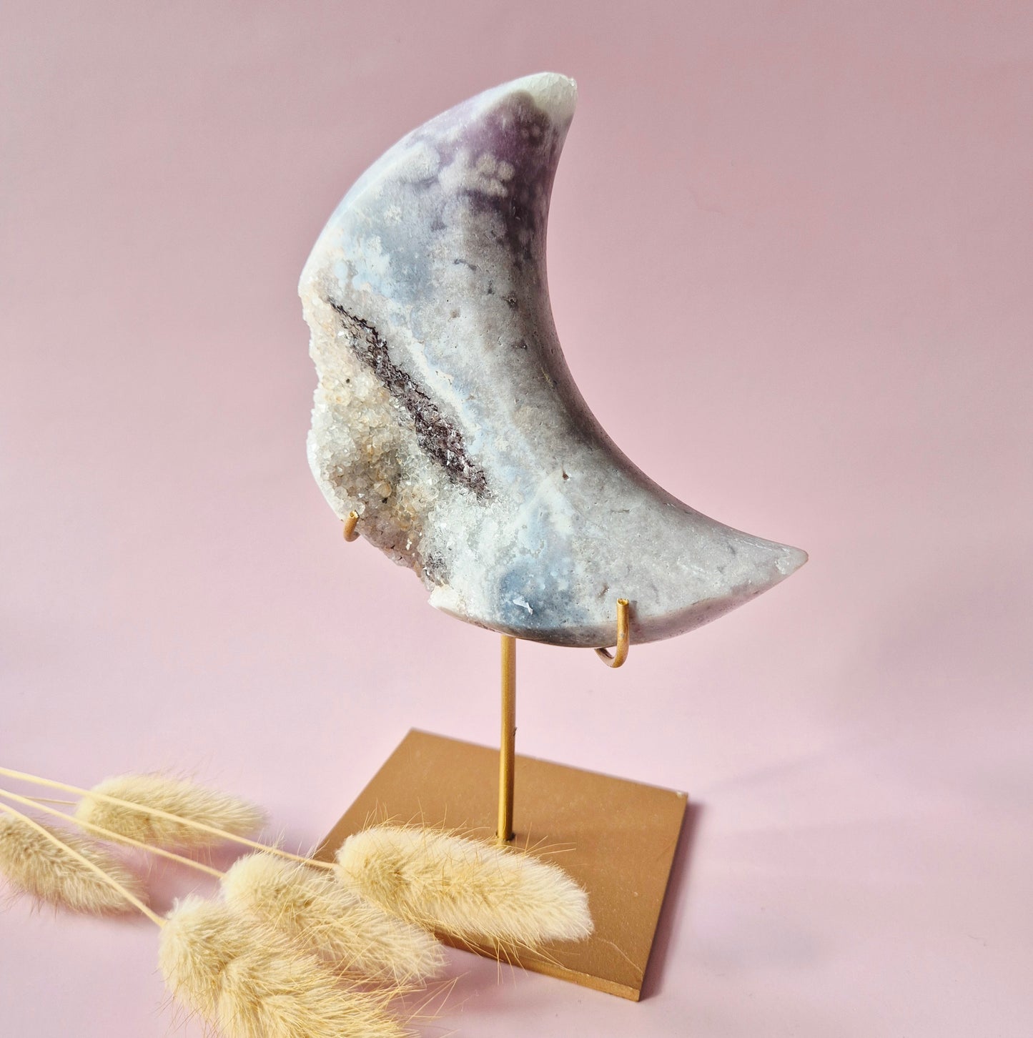 XL Edelsteen Druzy Pink Amethyst Maan – Hoge Kwaliteit #13 320g | incl. metalen standaard | uniek stuk Roze Amethist